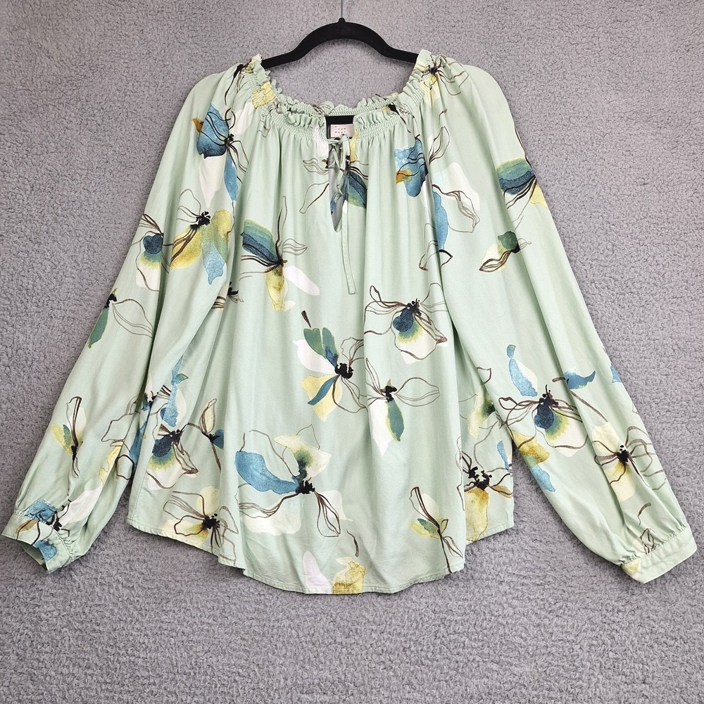 A New Day Blouse Womens Large Seafoam Green Floral Print Lace Up Smocked Boho